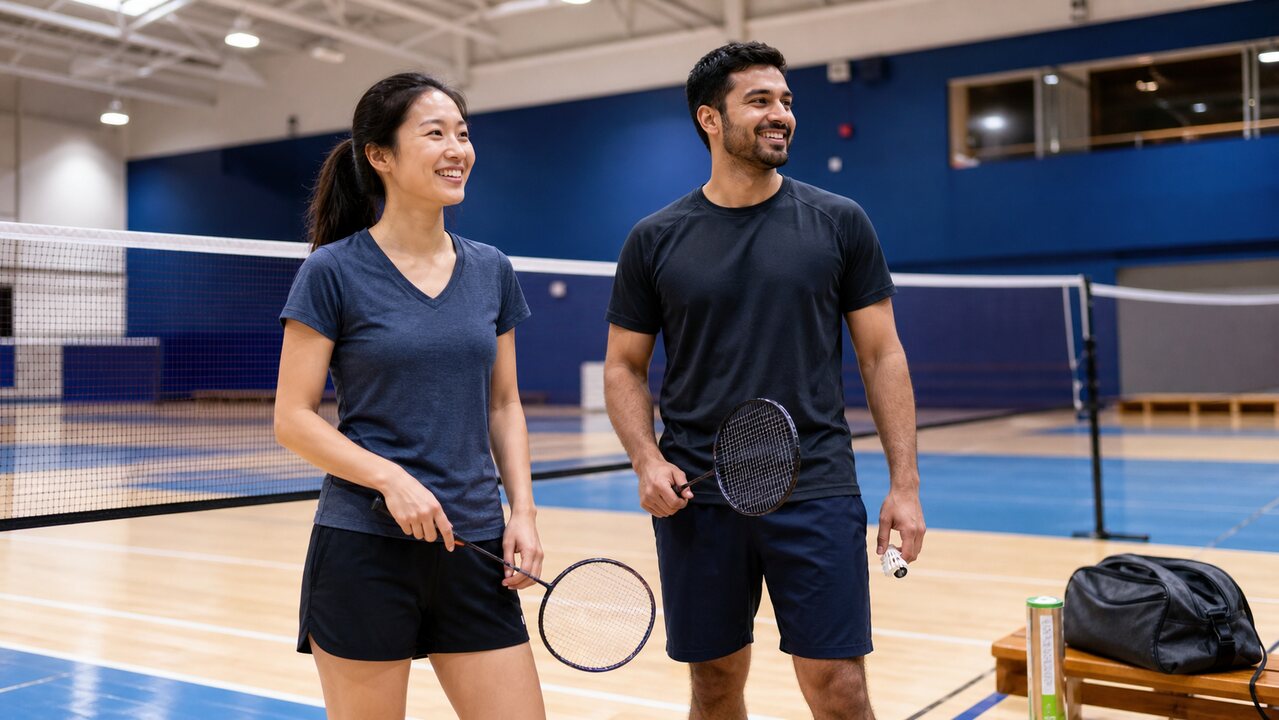 Adult beginner badminton players on a bright indoor Canadian community-centre court.