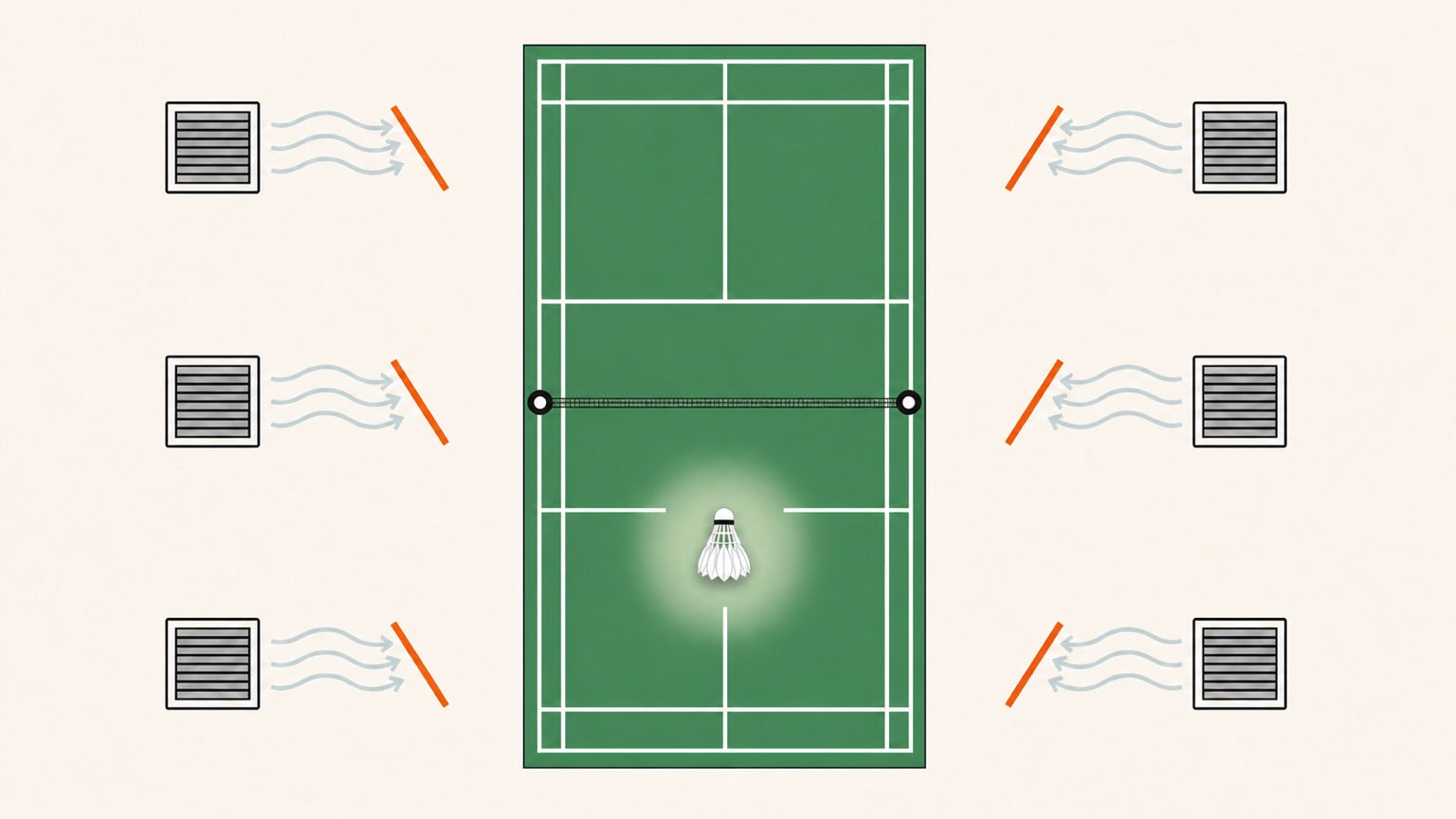 Flat vector banner of a badminton court with a shuttlecock and stopped airflow from ceiling vents