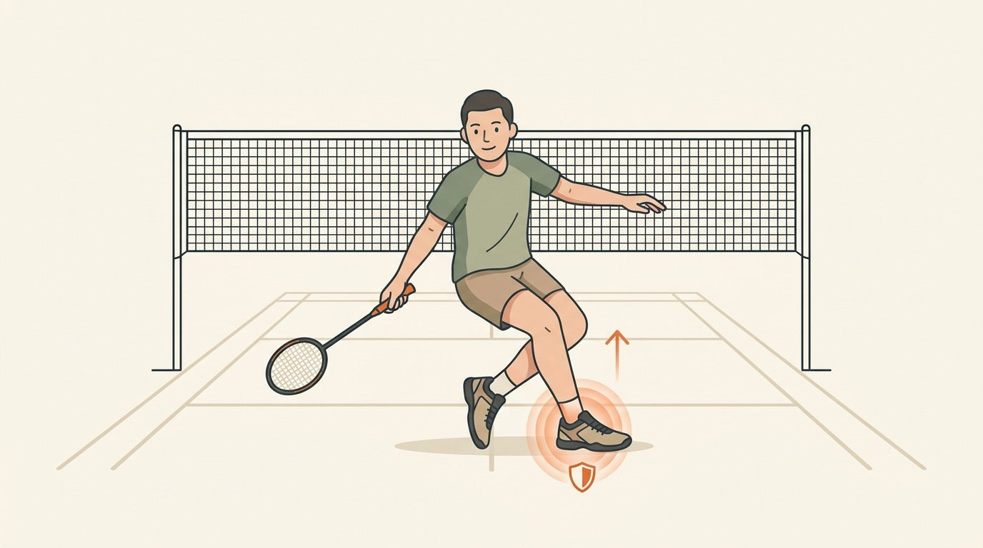 Illustration of a badminton player landing safely on an indoor court with court shoes nearby