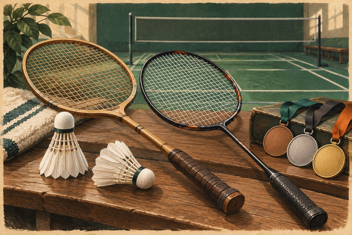 This editorial illustration pairs older and modern badminton equipment to introduce the sport’s Olympic history.