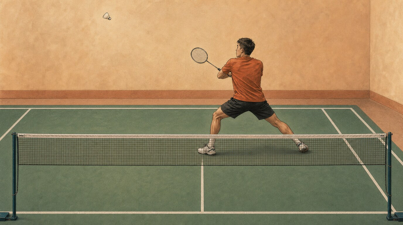 Illustration of a badminton player preparing a rear-court backhand clear with the back turned toward the net.