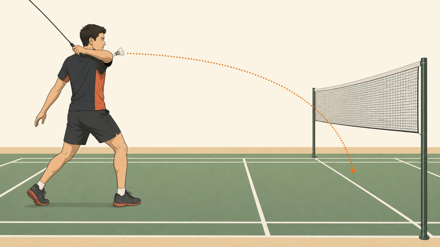 Illustration éditoriale plate d’une personne droitière frappant un amorti de revers depuis le fond du terrain au-dessus d’un filet de badminton intérieur.
