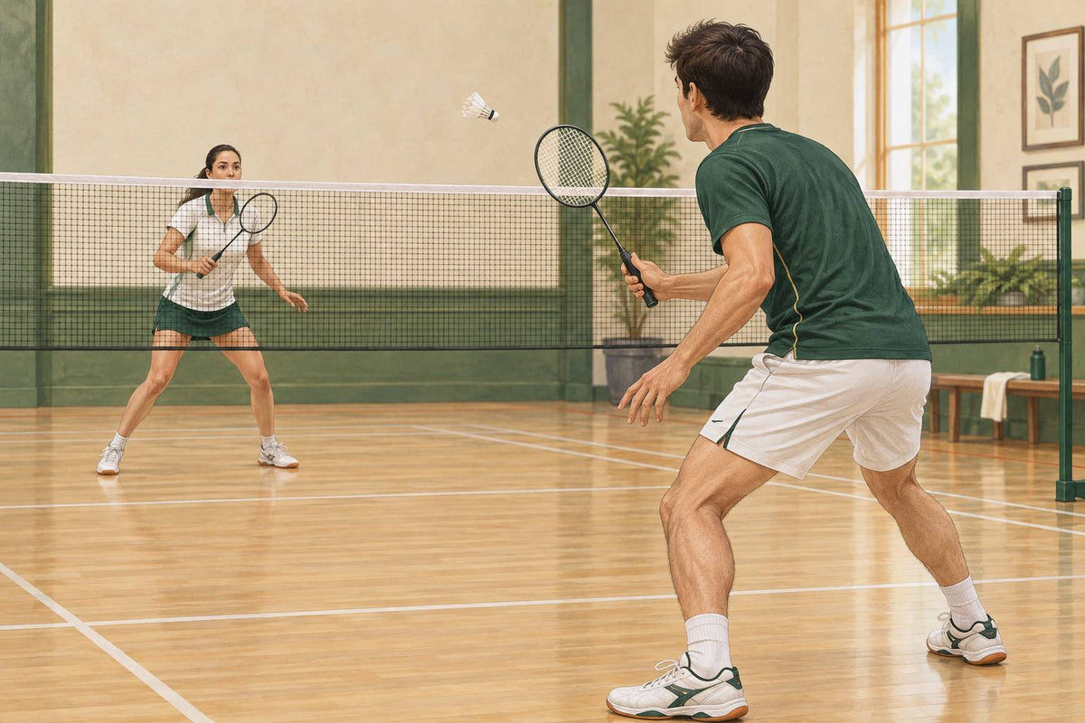 Two players keep their rackets in front during a flat exchange that leaves little time for a large backswing.