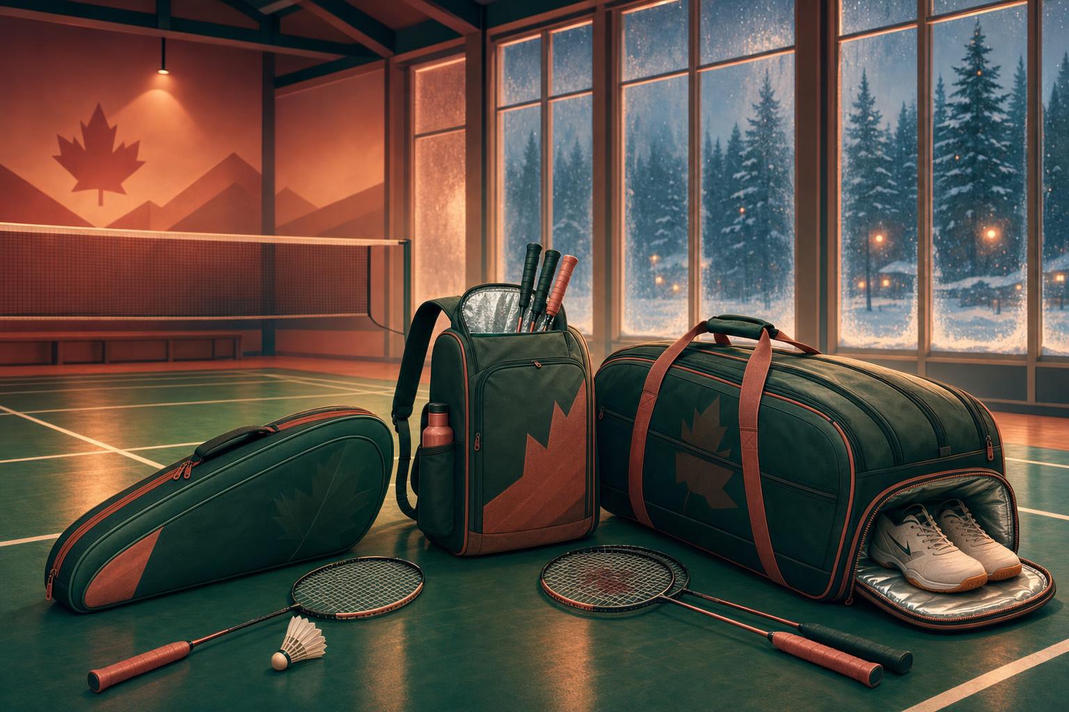 Illustration of badminton racket bags, a backpack, and a tournament bag on an indoor Canadian badminton court