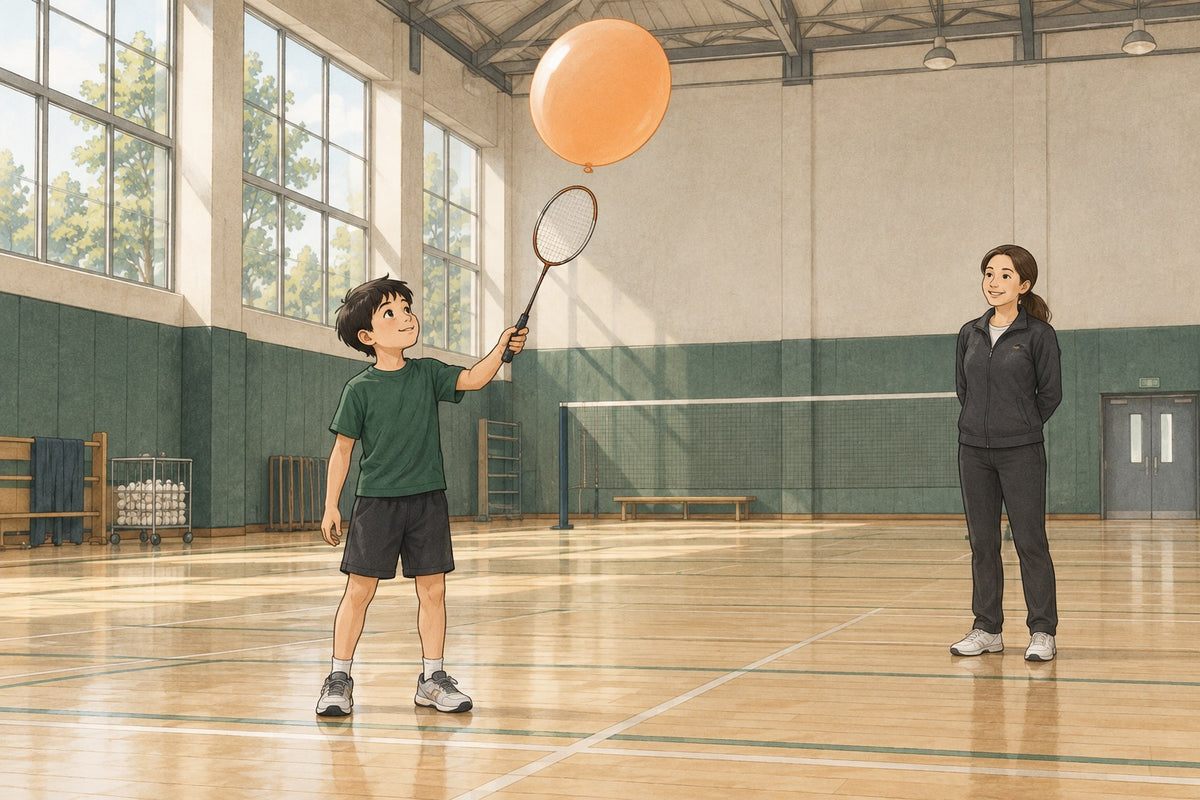 A supervised beginner practises tracking and racket contact with a slow-moving balloon