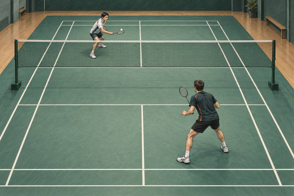 Two right-handed singles players positioned on opposite sides of the net, with the near player’s ready position shifted toward the shuttle.