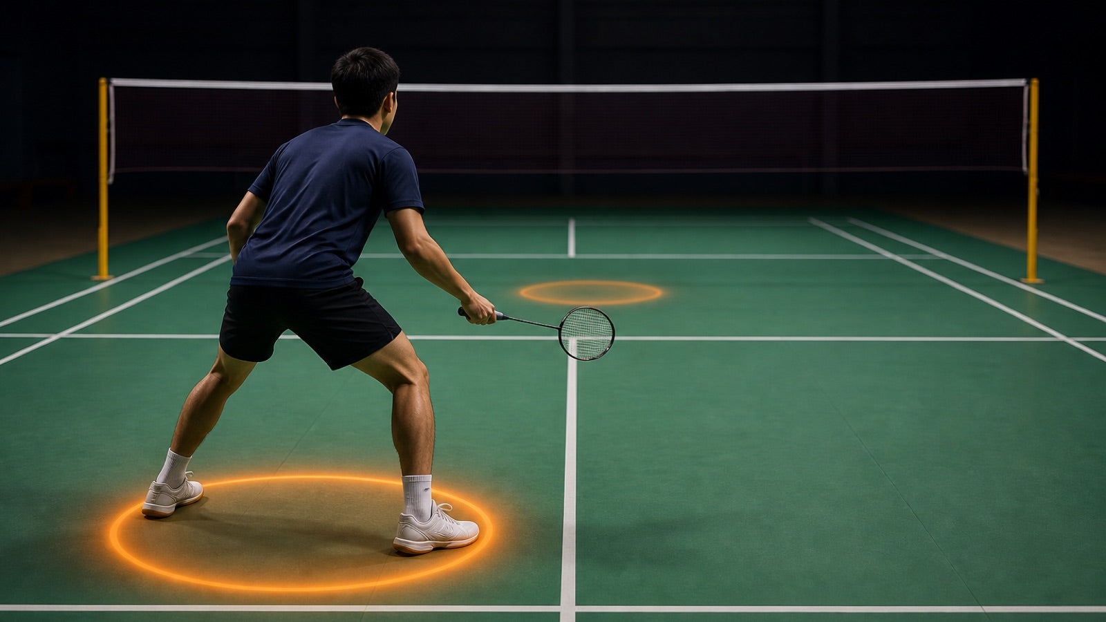 Personne qui joue au badminton revenant vers une position de base décentrée sur un terrain intérieur de simple, orientée vers le côté de son dernier coup.