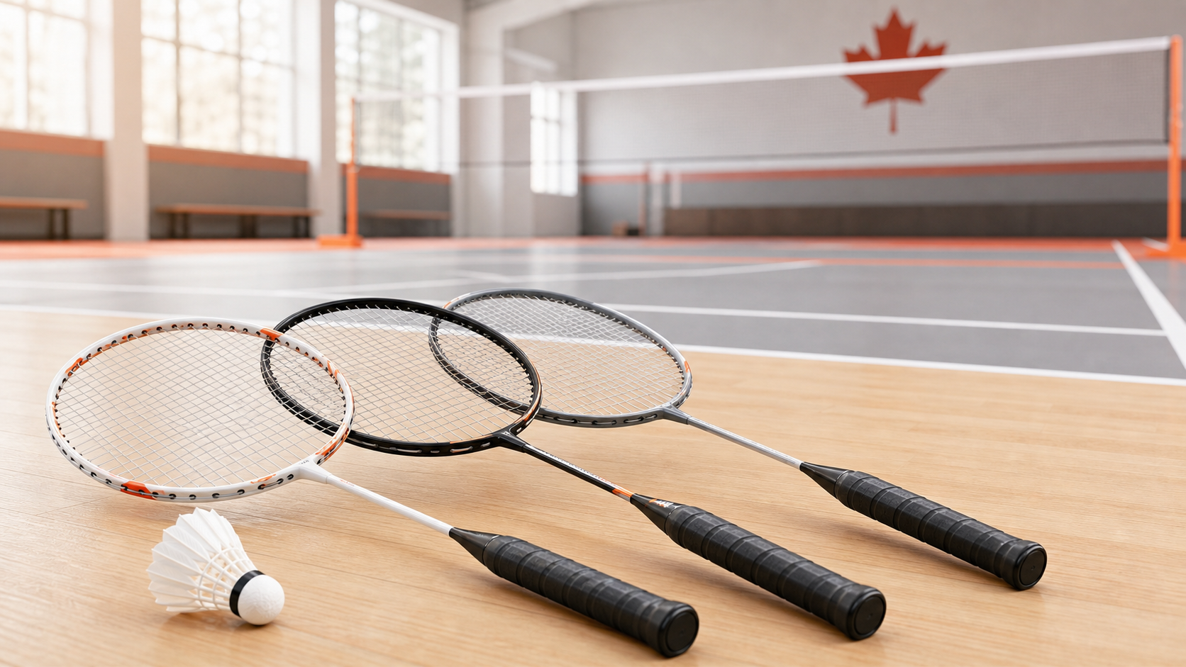 Beginner badminton rackets and a shuttlecock arranged on an indoor court.