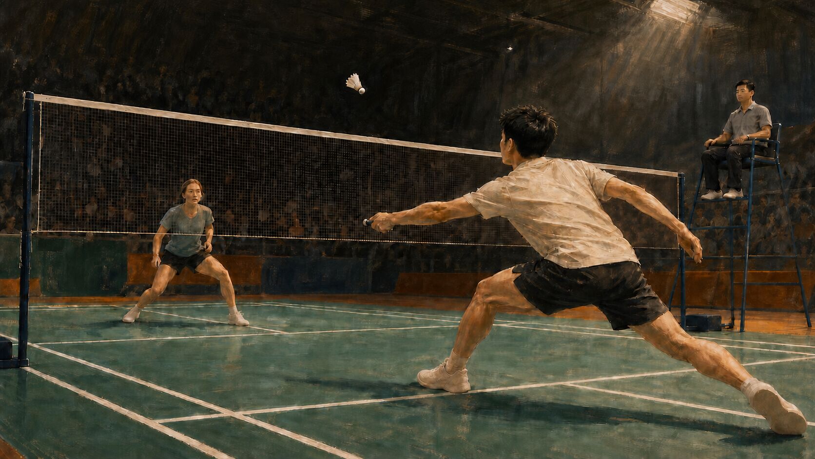 Deux personnes jouant un échange de badminton en salle pendant qu’un arbitre les observe depuis sa chaise
