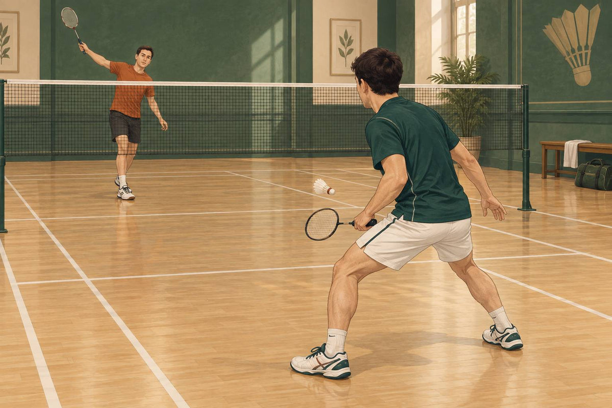 A defender prepares a compact reply to a controlled shuttle approaching the racket-side hip.
