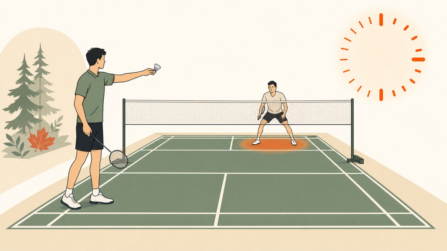 Flat vector illustration of a badminton server and receiver ready beside a countdown clock on court
