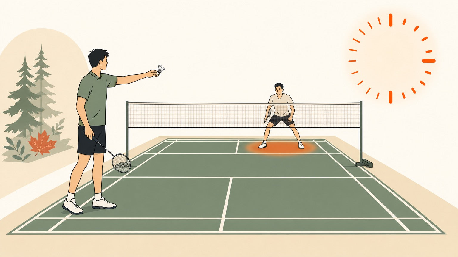Flat vector illustration of a badminton server and receiver ready beside a countdown clock on court