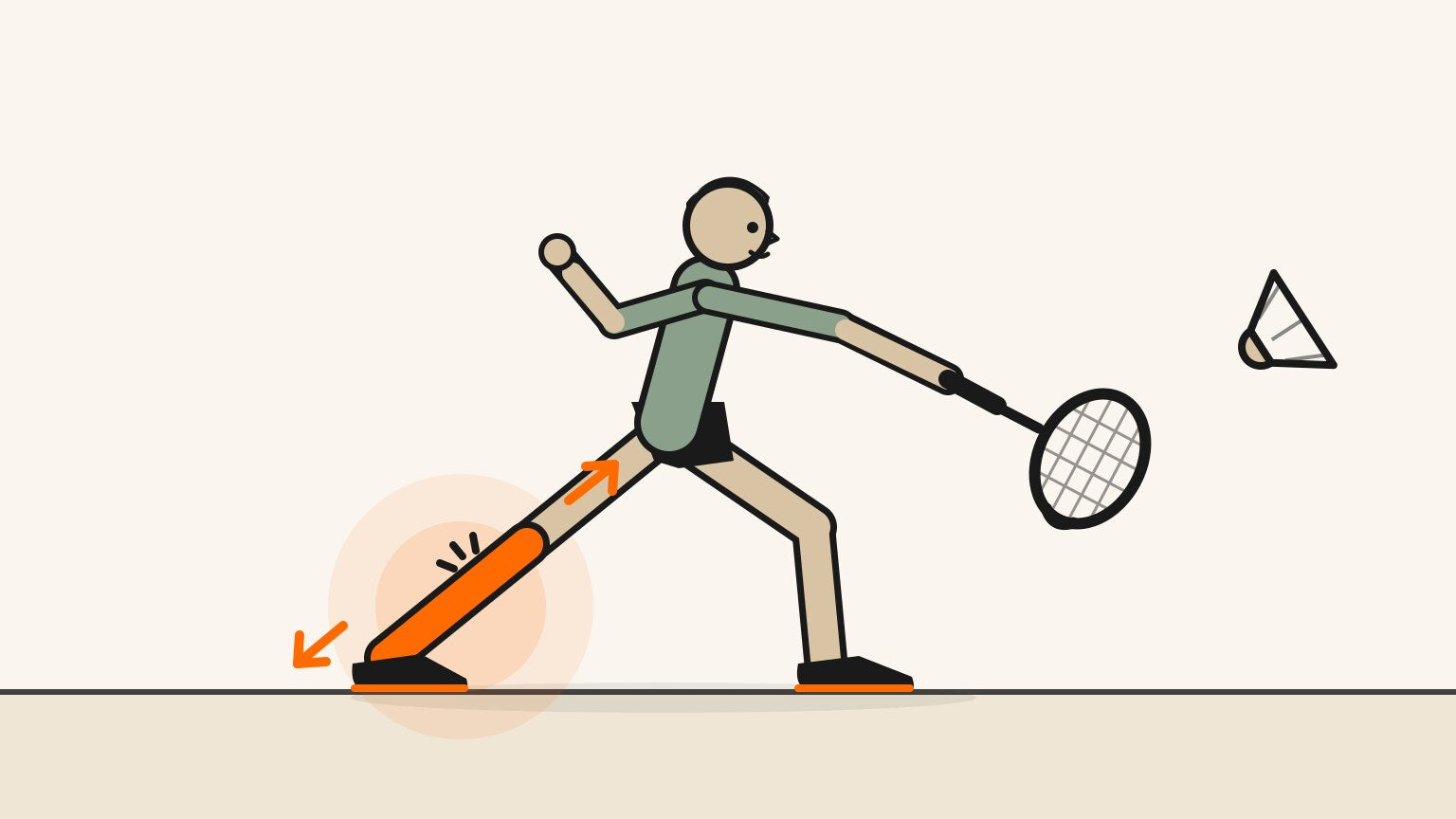 Flat vector illustration of a badminton player lunging with the rear calf highlighted and pulled long under load