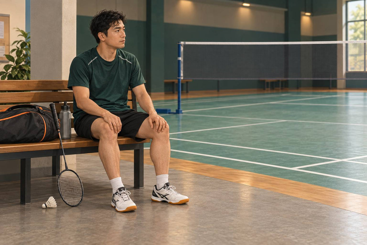 A player has stopped the session and set the racket aside after a sudden calf problem.