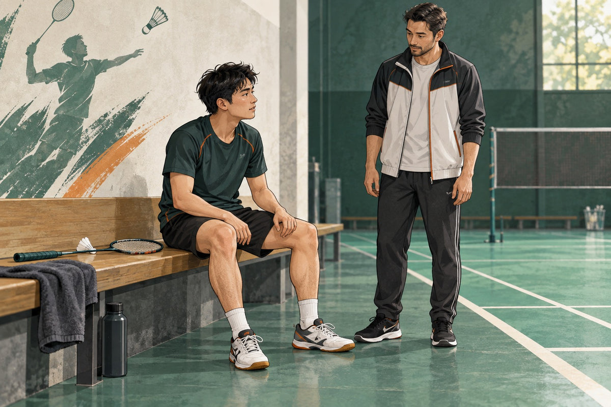 A player stops the session after calf pain and waits courtside instead of testing the leg with more play.