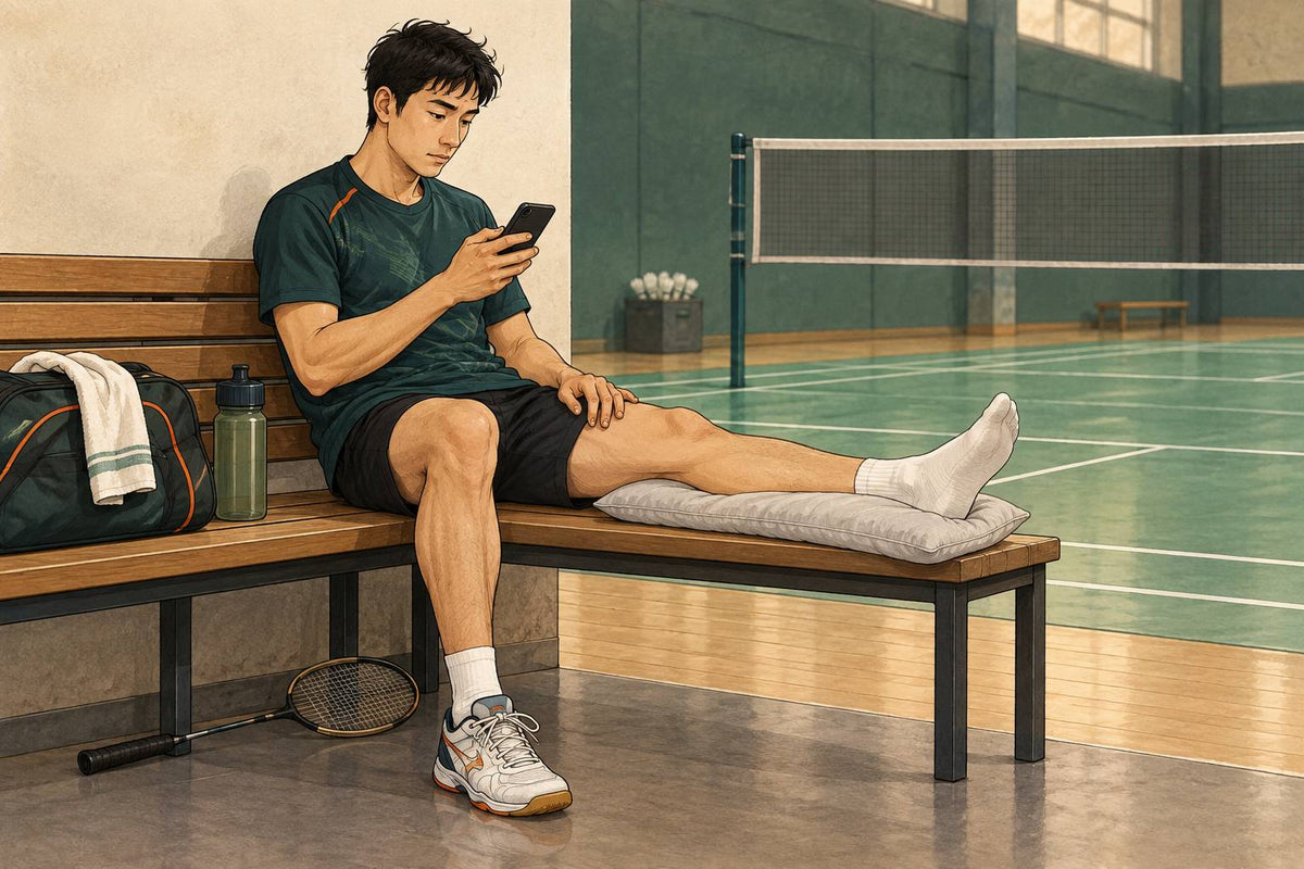 Editorial illustration of a seated player supporting one leg and using a phone with the racket set aside.