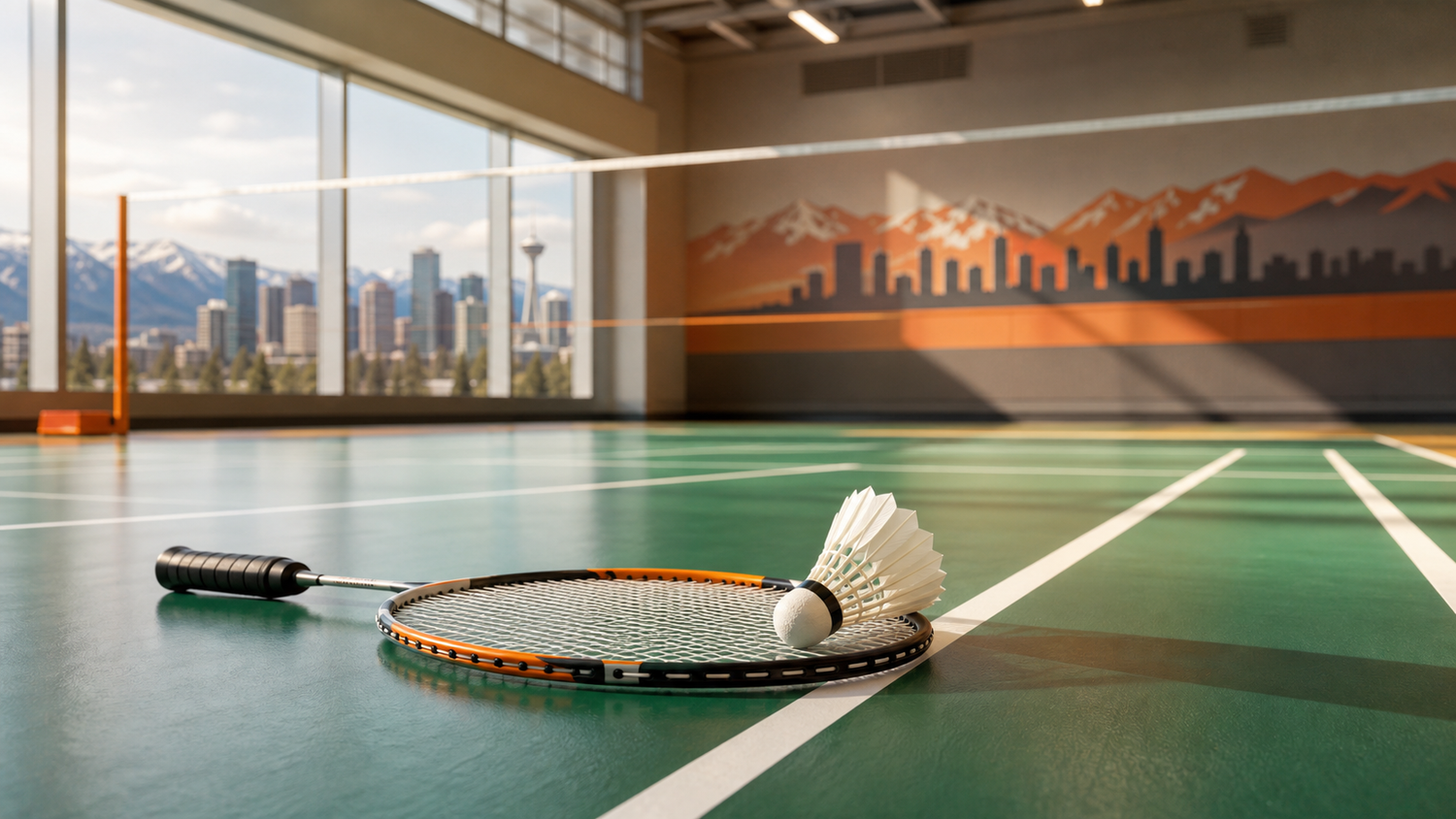 Badminton racket and shuttlecock on an indoor court with a subtle Calgary backdrop.