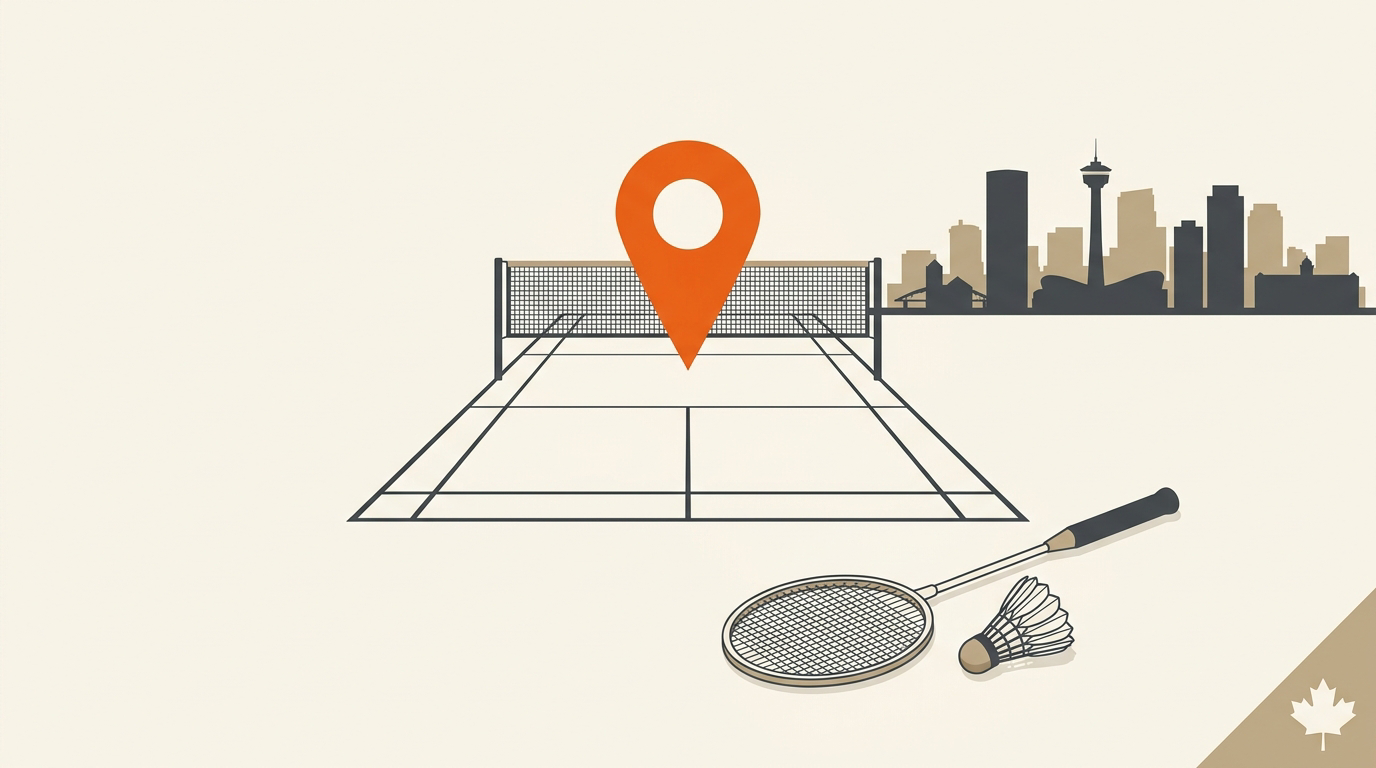 Badminton racket and shuttlecock on an indoor court with a subtle Calgary backdrop.