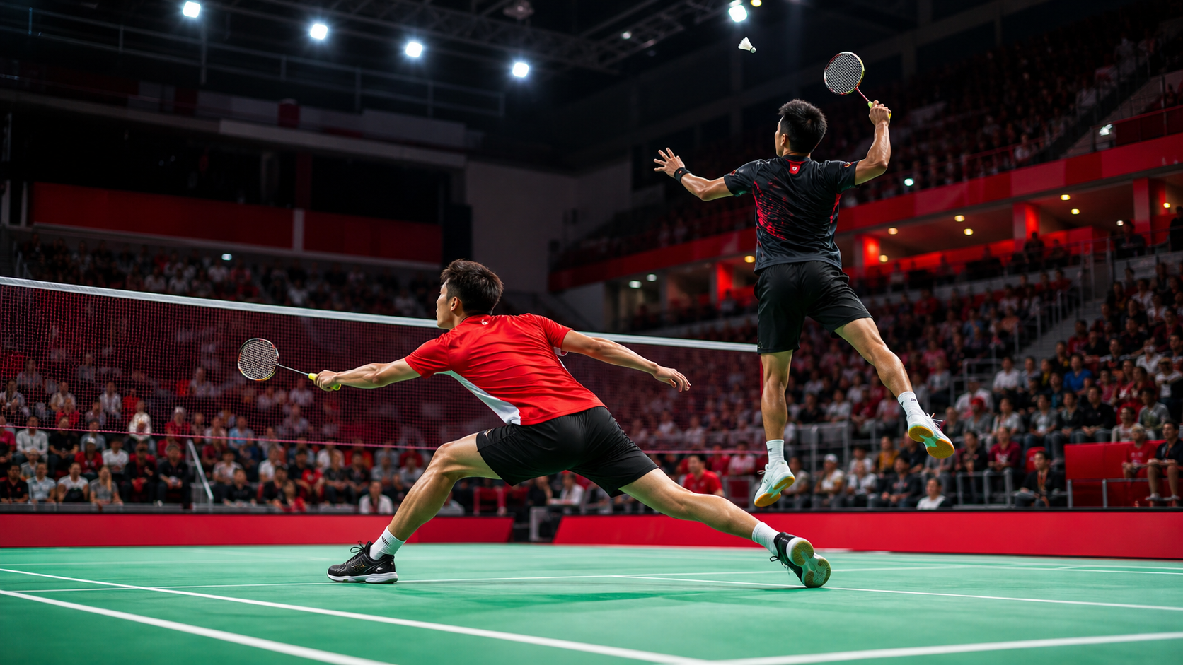 Badminton players rallying in a bright indoor arena for the Canada Open 2026 guide.