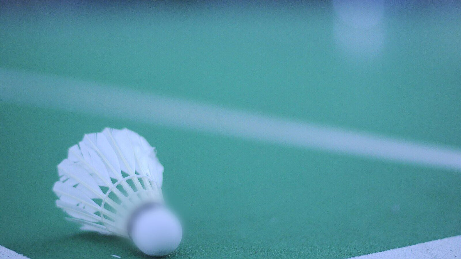 Un volant de badminton repose directement sur une ligne de délimitation d’un terrain intérieur, comme lors d’un atterrissage limite dont l’appel de ligne fait l’objet d’un challenge.