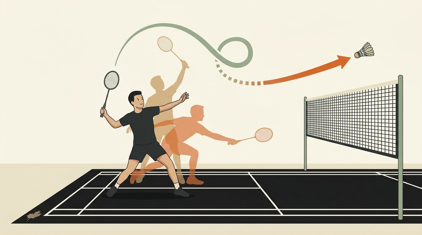 Illustration d’un joueur de badminton utilisant un léger changement de tempo pour perturber un adversaire sur un terrain intérieur