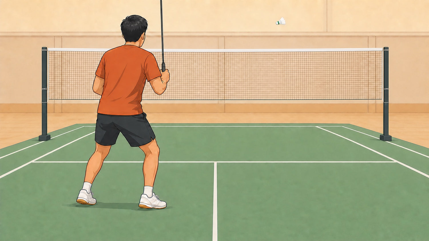 Personne jouant au badminton à l’intérieur exécutant un pas chassé latéral compact parallèle au filet, le pied arrière suivant de près
