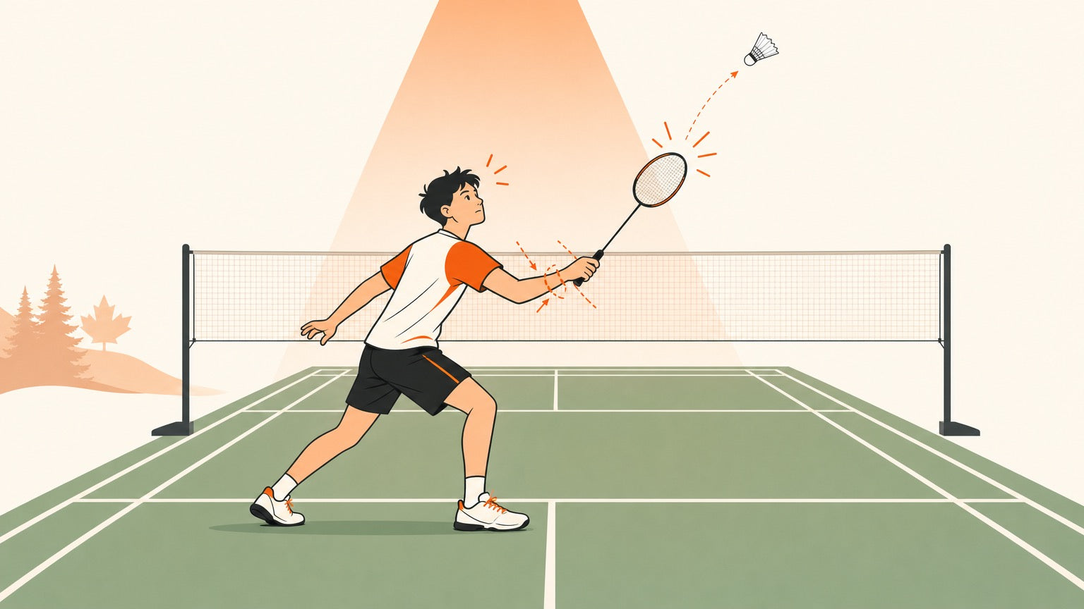 A tense badminton player overthinking a shot under pressure on a badminton court