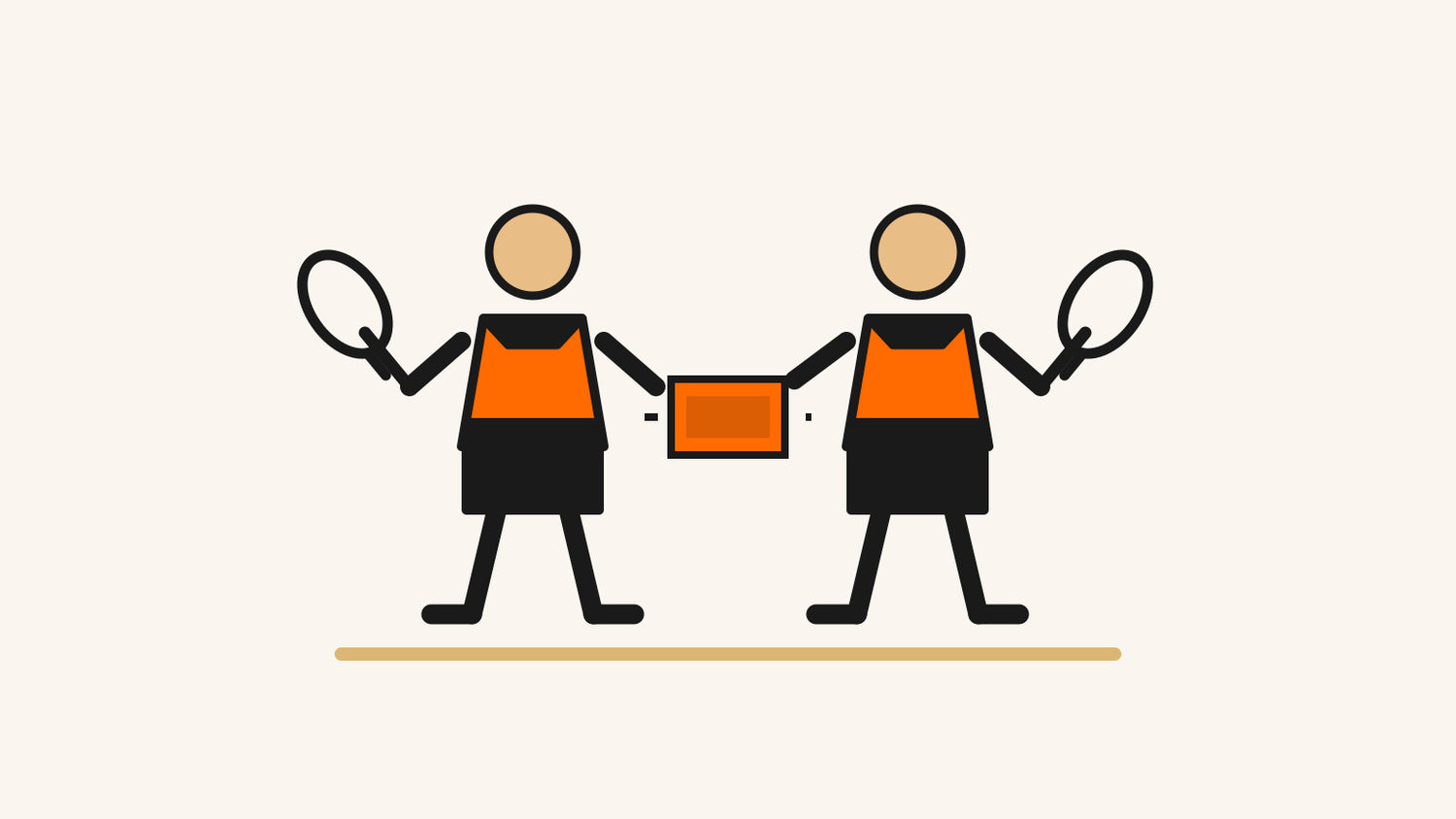 Deux partenaires de double de badminton sans marque portent le même modèle de chandail orange et anthracite ainsi que des shorts foncés assortis.