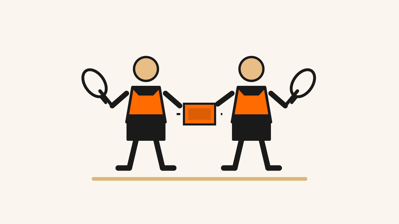 Deux partenaires de double de badminton sans marque portent le même modèle de chandail orange et anthracite ainsi que des shorts foncés assortis.