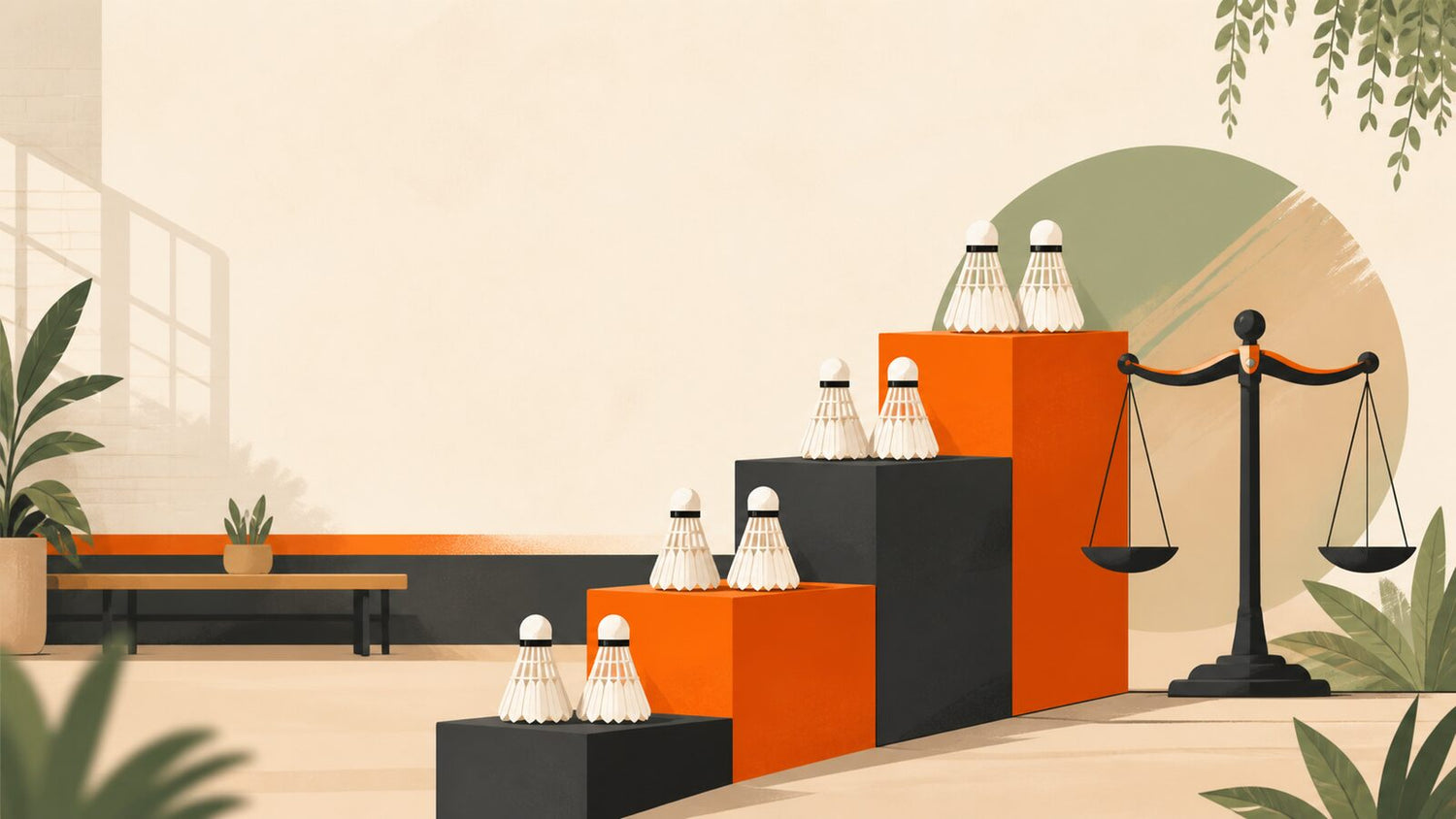 Illustration éditoriale de volants sur des blocs de podium en gradins, à côté d’une balance, dans un club de badminton intérieur.