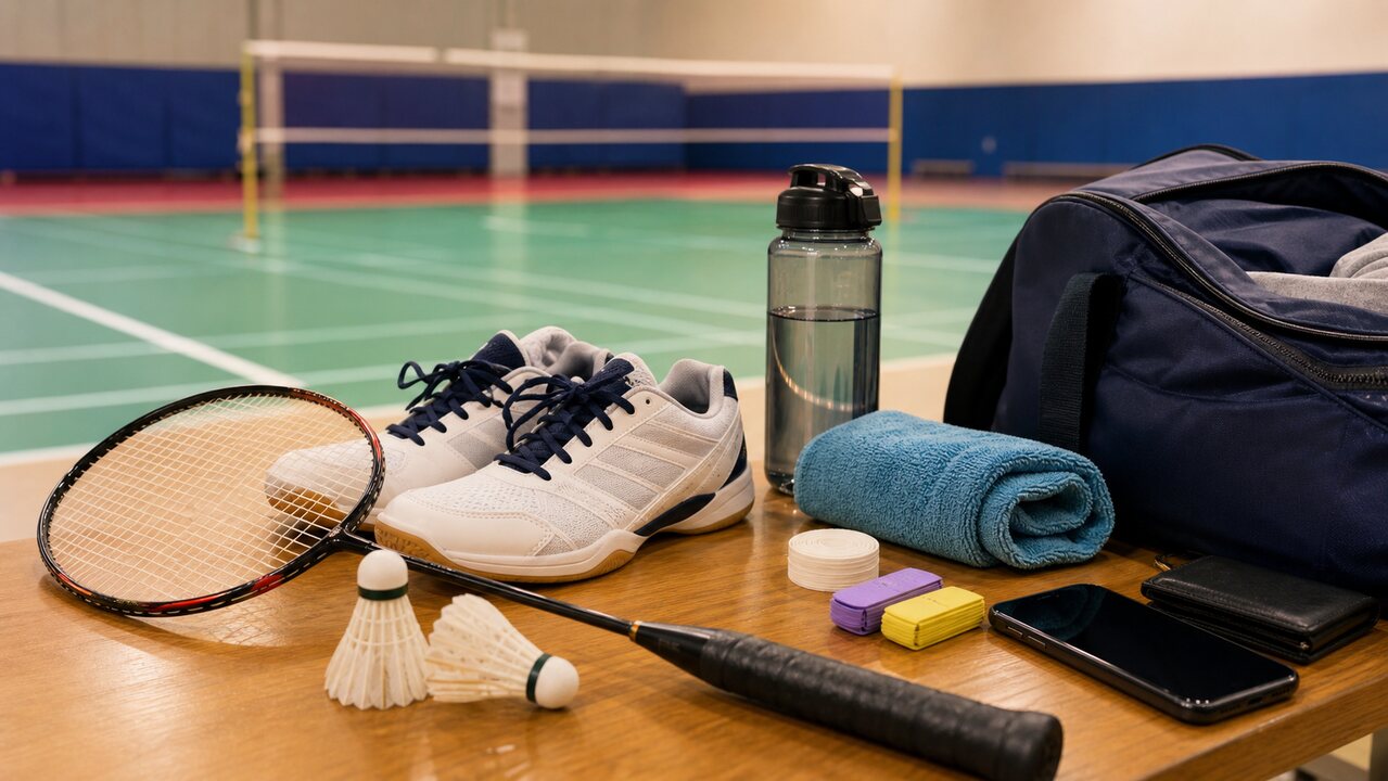 Badminton club night flatlay with racket, shoes, shuttlecocks, towel, water bottle, grip, and gym bag.