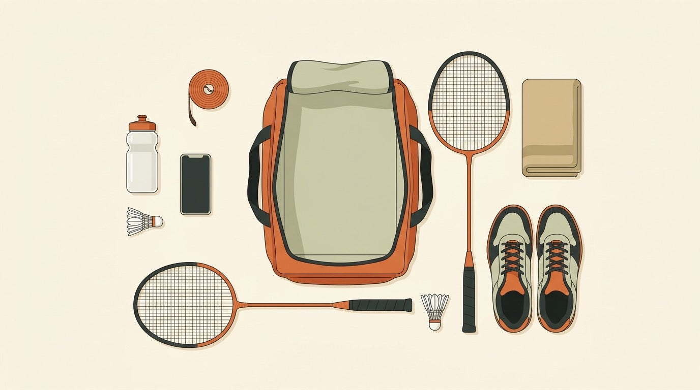 Badminton club night flatlay with racket, shoes, shuttlecocks, towel, water bottle, grip, and gym bag.