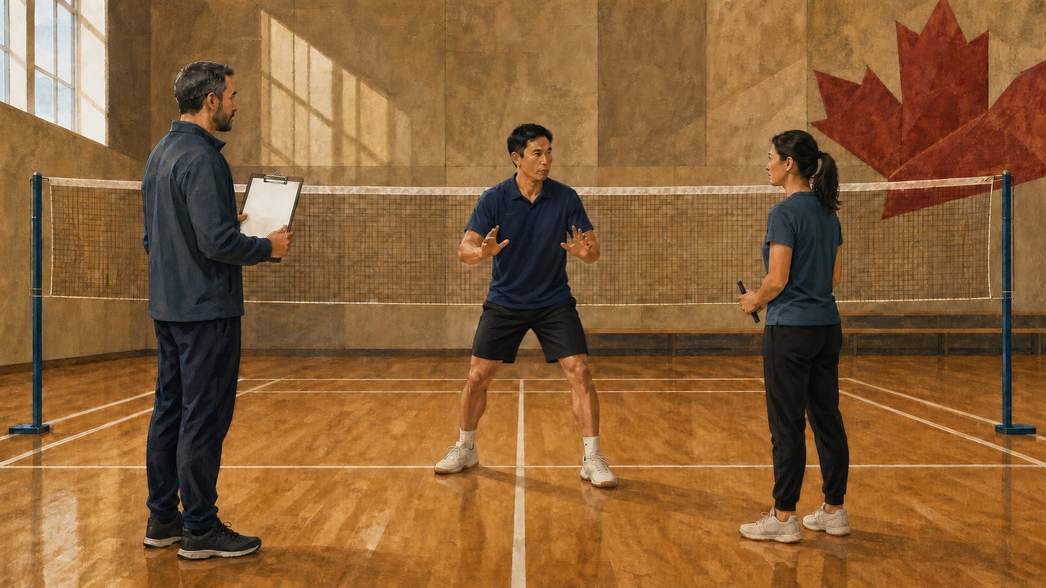 Illustration éditoriale d’une personne adulte évaluatrice tenant un presse-papiers vierge et observant la position d’attente d’une personne entraîneuse et d’une personne adulte apprenante sur un terrain de badminton intérieur.