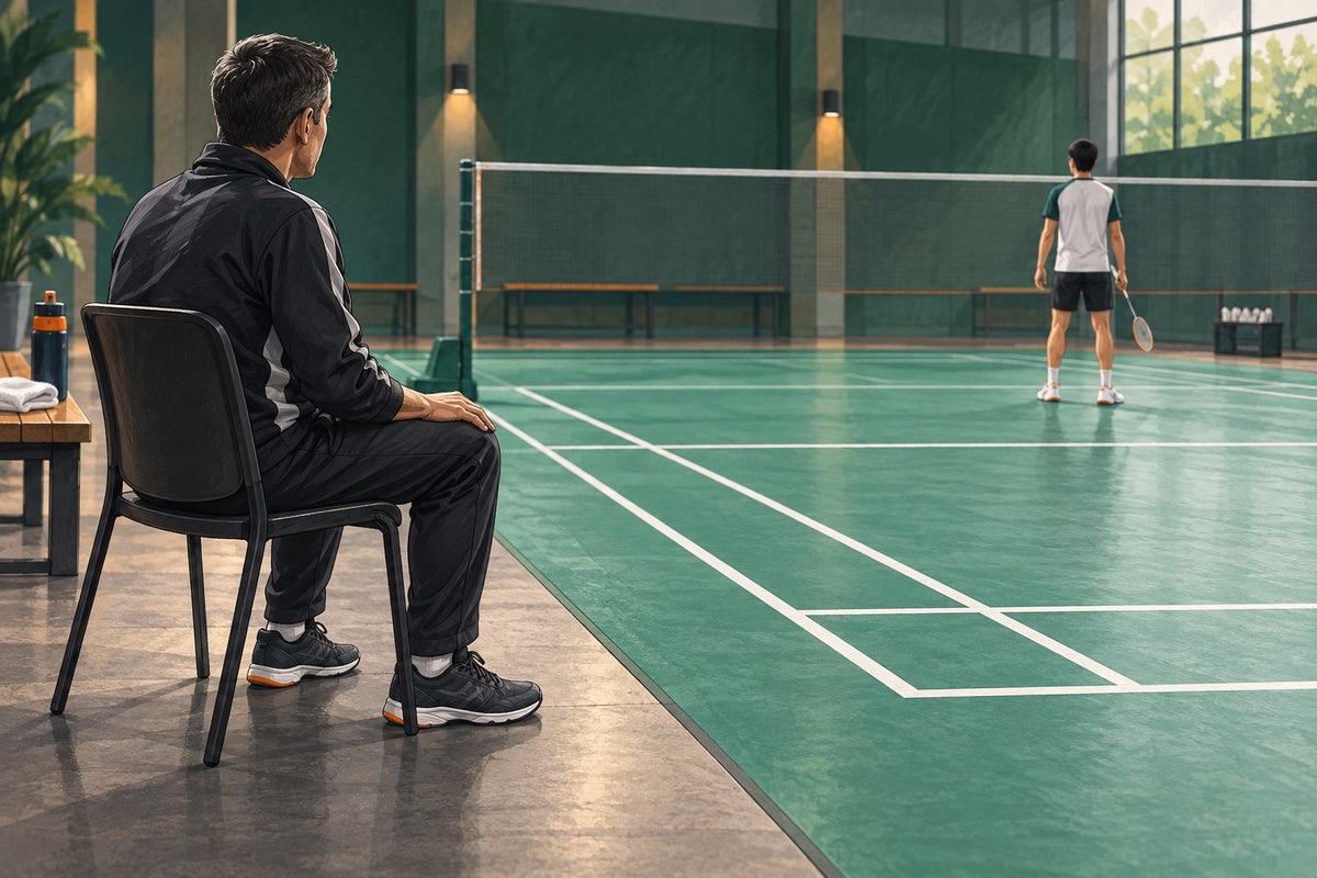 A seated coach watches a player reset from the designated courtside area.