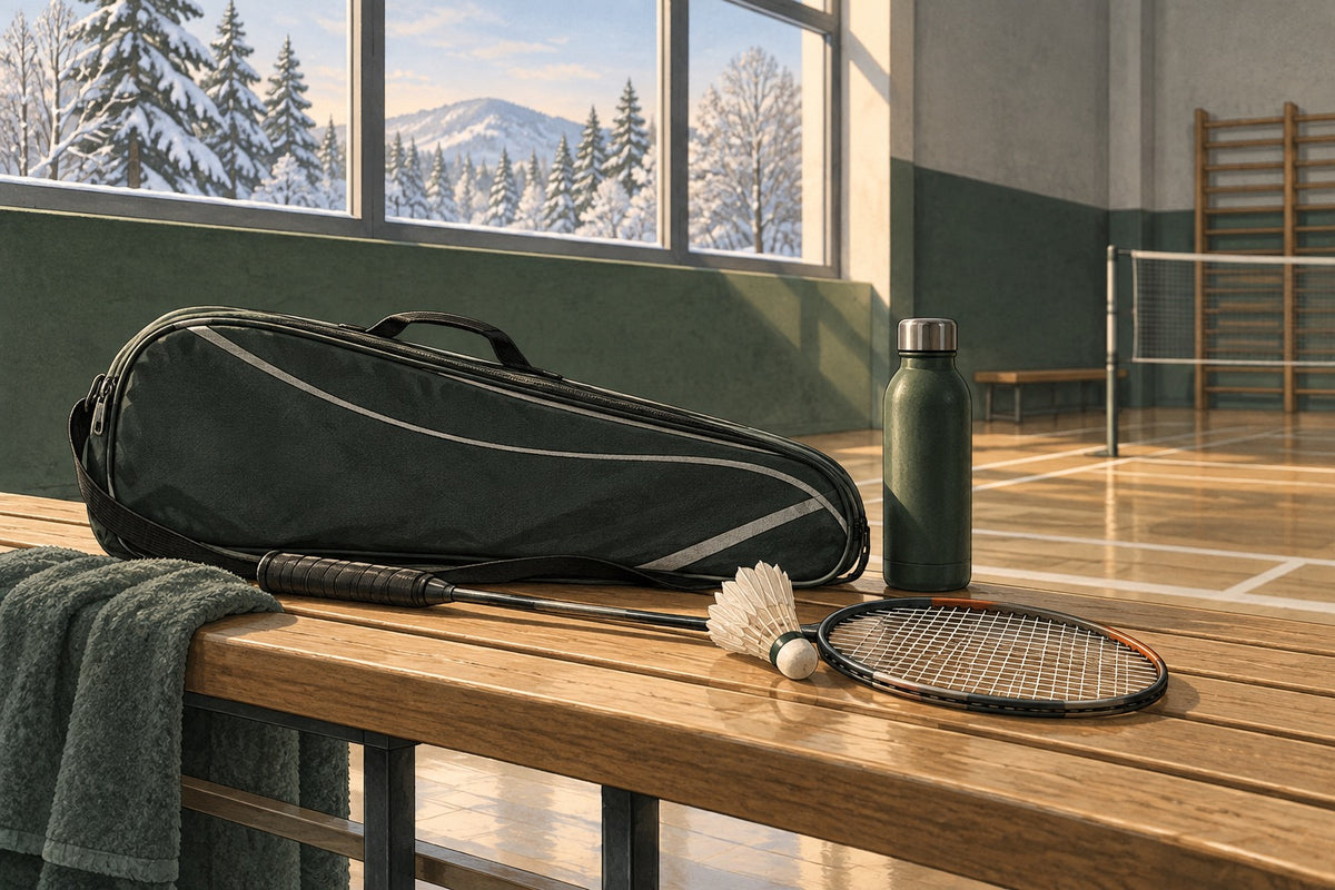 A racket brought into a winter gym sets up the article’s equipment and shuttle checks.