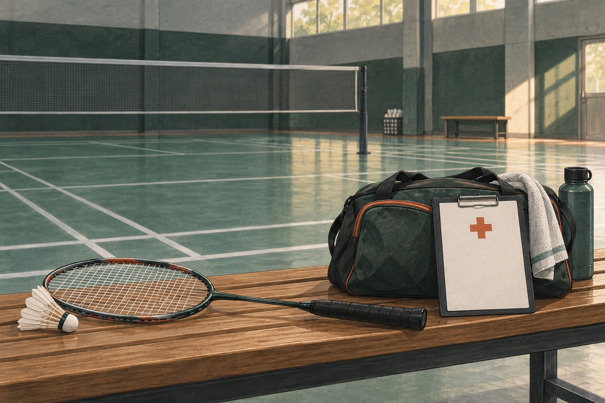 A racket set aside beside an empty court represents stopping play while possible concussion is assessed