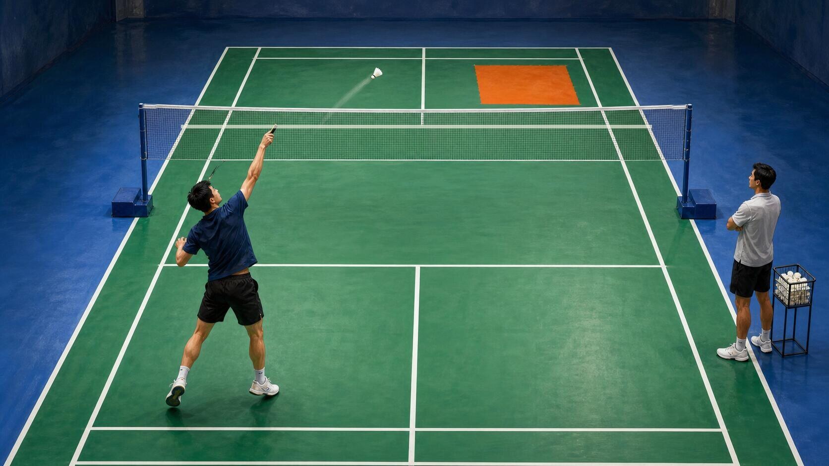 Une personne répète un dégagement au-dessus de la tête pendant qu’une personne entraîneuse, à côté d’un panier de volants, observe une zone cible sur un terrain intérieur.