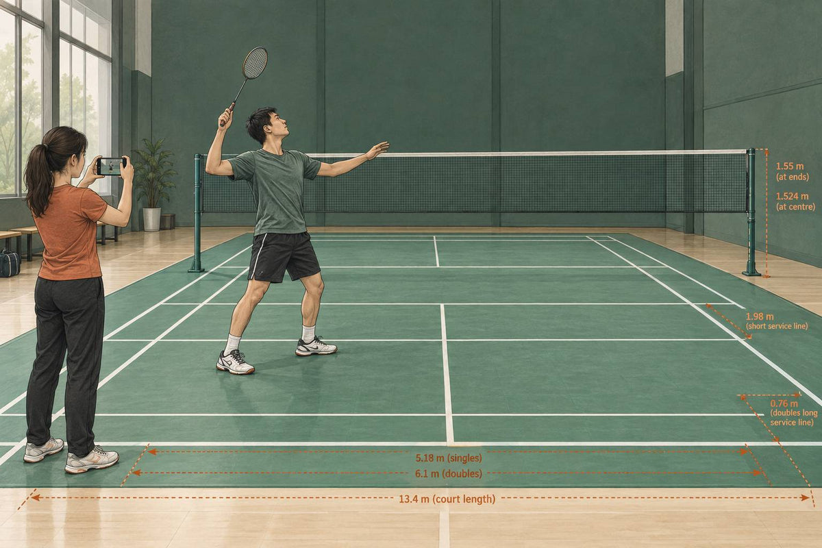 Editorial illustration of a badminton learner holding a grounded overhead position while a partner films from outside the sideline.