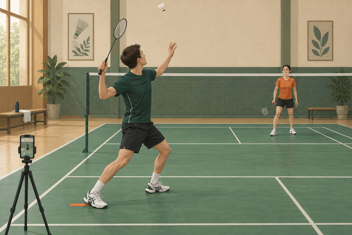 A repeatable high feed and side-view recording help a player check preparation and overhead contact position.