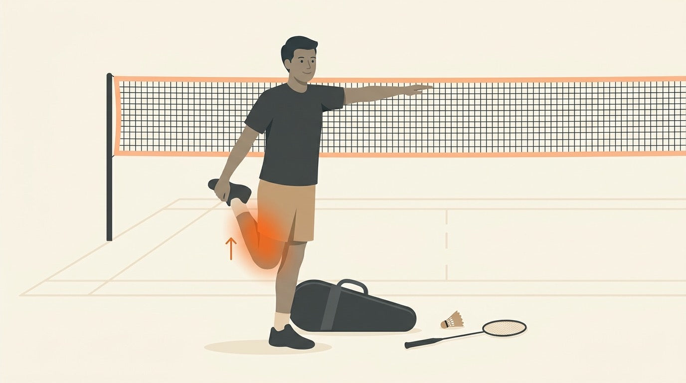 Badminton players cooling down with hip and shoulder stretches on an indoor court