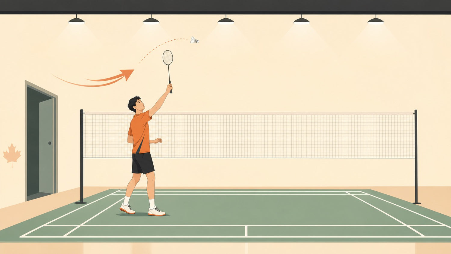 Badminton player assessing drafts, lighting, ceiling clearance, and floor traction on an indoor court