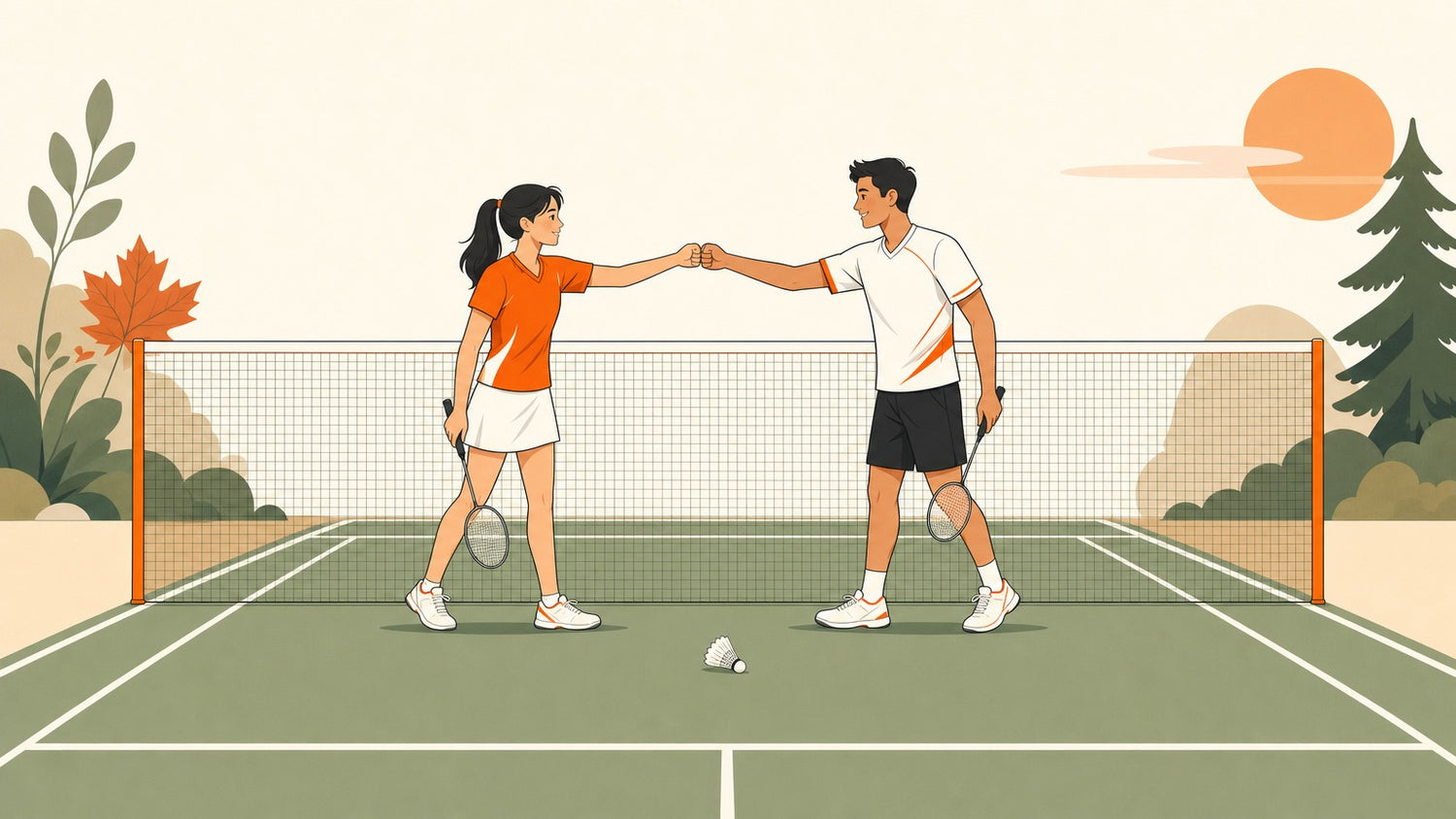 Two badminton players showing sportsmanship with a handshake at the net after a point