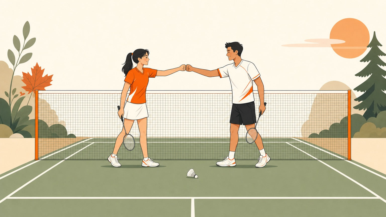 Two badminton players showing sportsmanship with a handshake at the net after a point