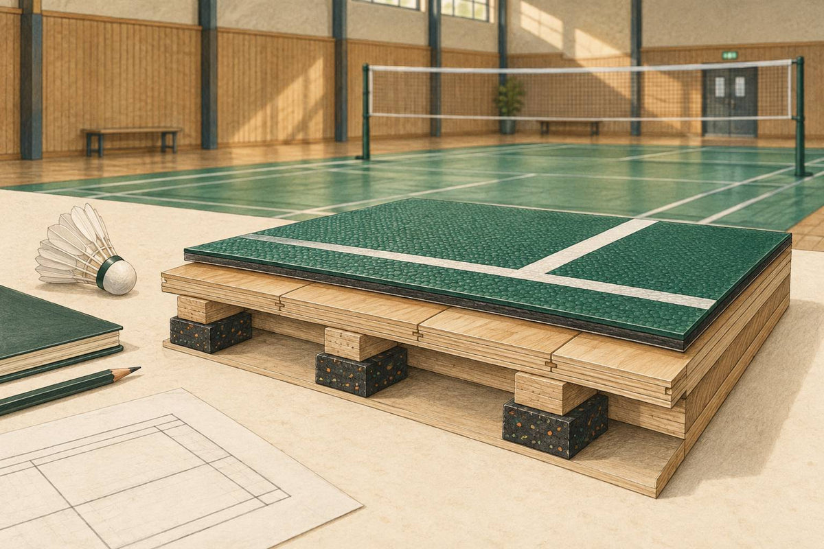 Editorial illustration of a layered badminton floor sample with synthetic mat and sprung wooden support.