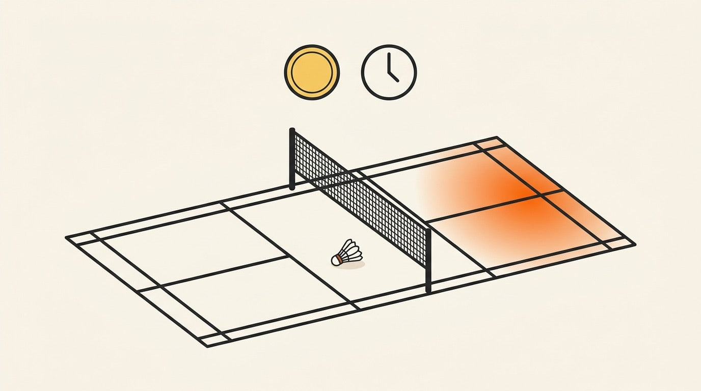 Illustration of players booking an indoor badminton court in a warm Canadian gym setting