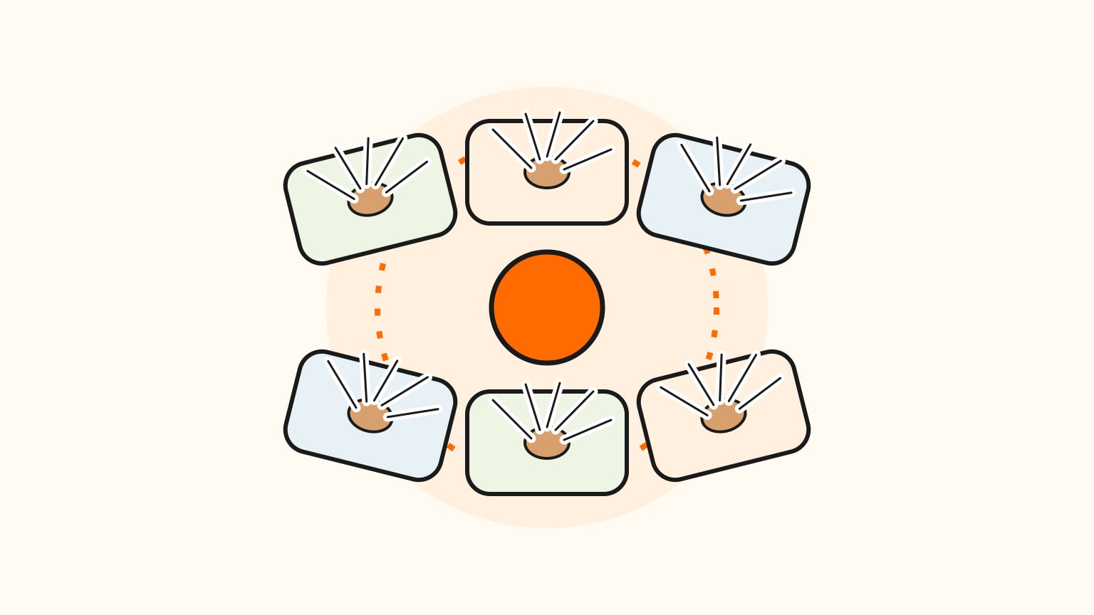 Six shuttlecocks arranged around an orange centre marker on six coloured floor-target markers