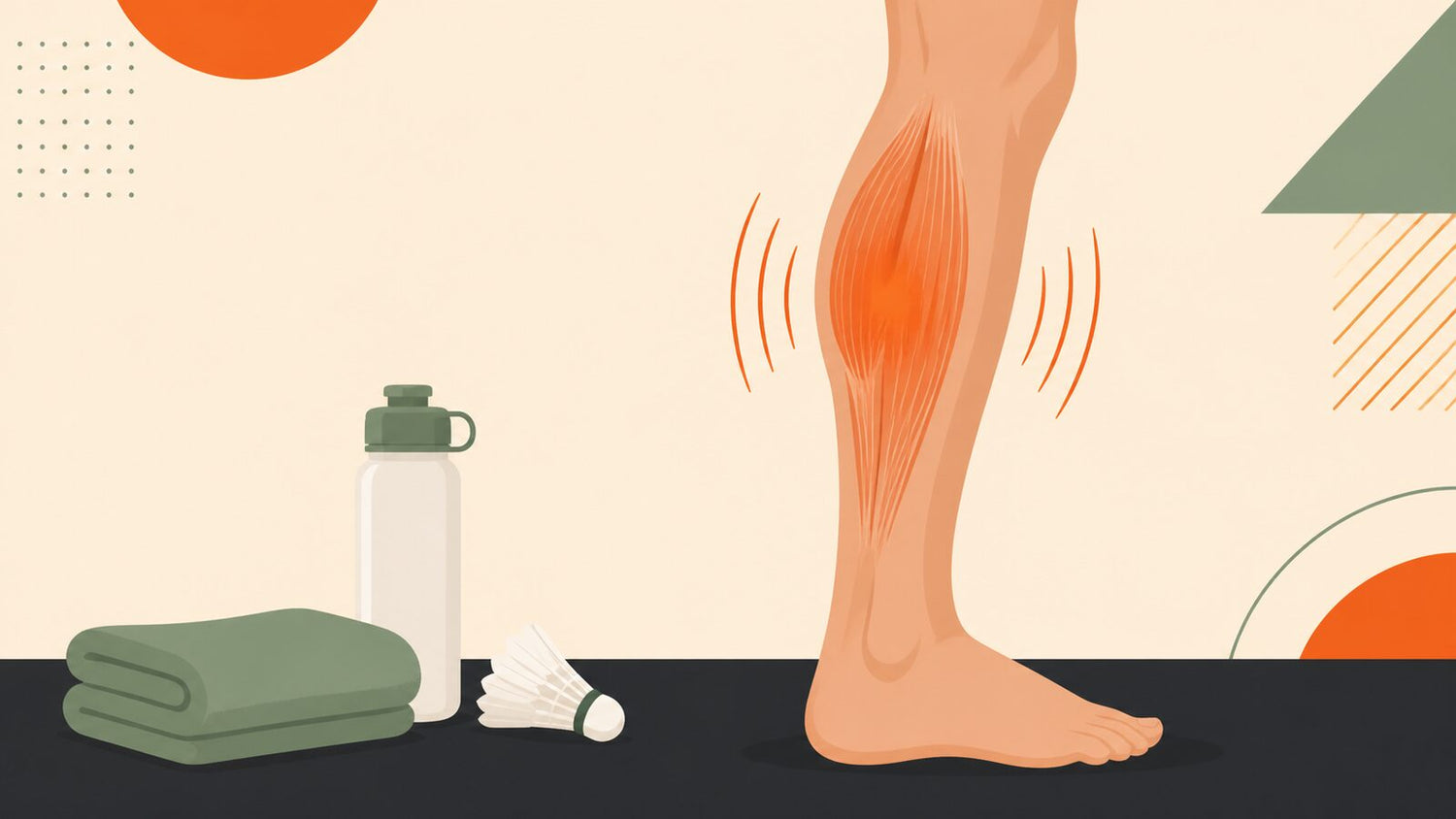 Illustration à plat d’une jambe inférieure avec un spasme du mollet mis en évidence, à côté d’une serviette, d’une bouteille d’eau et d’un volant de badminton.