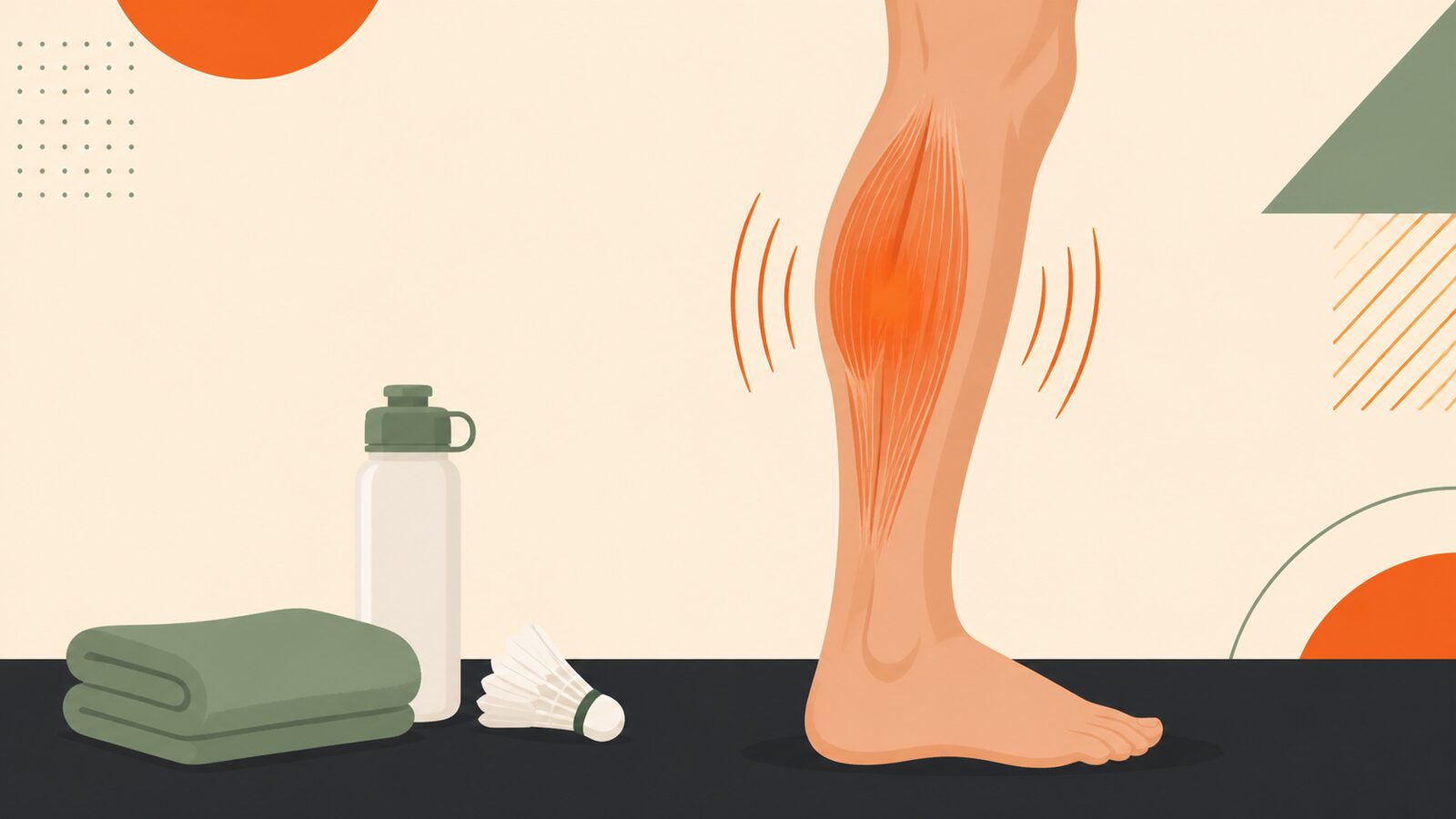 Illustration à plat d’une jambe inférieure avec un spasme du mollet mis en évidence, à côté d’une serviette, d’une bouteille d’eau et d’un volant de badminton.