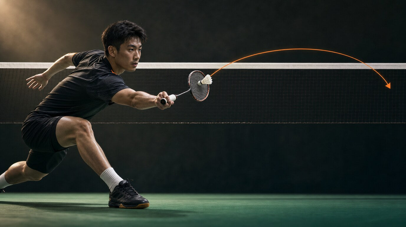 Illustration d’une personne jouant au badminton et masquant un hook croisé au filet près du filet, dans l’avant-court