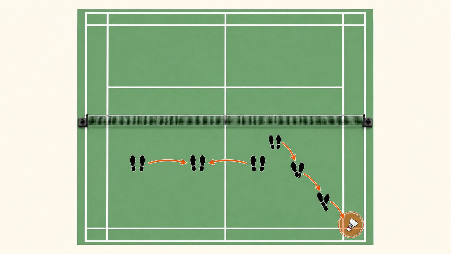 Badminton player crossing over mid-rally, with a footprint trail and arrows showing the diagonal crossover step toward the shuttlecock.